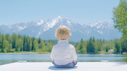 Fototapeta premium A young blonde boy sits on a white wooden dock, looking out at a calm lake and majestic mountains on a sunny day.
