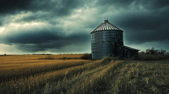 Lone Silo Under Stormy Skies: A solitary silo stands weathered and resolute amidst a vast field of golden wheat, under a dramatic, stormy sky filled with impending rain. Evokes the power of nature