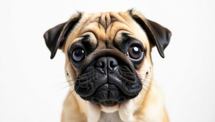 Obraz premium Single pug looking directly at camera, pure white backdrop , cute dog, studio shot, brown