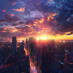 Obraz premium Sunset over a bustling cityscape with radiant clouds.