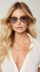 Stylish woman wearing sunglasses with long blonde hair, highlighting fashion and beauty trends. Perfect for summer and lifestyle themes.