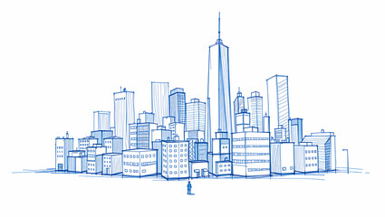 Obraz premium A blue sketch of a cityscape with various buildings and a tiny figure standing below.