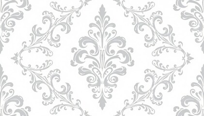 Subtle grey damask pattern on white, featuring scrolling acanthus leaves , seamless, motif, interior