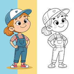 Cute Girl Coloring Page &ndash; Hand Drawn Line Art of Playful Girls for Kids and Adults, Perfect for Stress Relief, Creative Fun, Relaxation, and Ideal for Young Artists and Coloring Enthusiasts