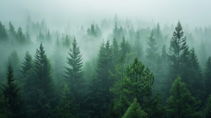 Misty morning landscape with dense fir forest and moody mountain atmosphere in vintage retro style