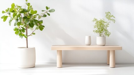 A potted plant and two smaller plants on a minimalist wooden bench against a white wall, bright and clean interior setting, and natural and serene atmosphere.