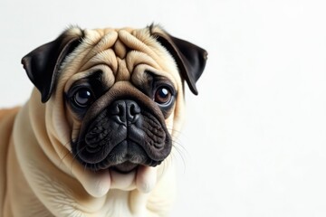 Wrinkled pug face, close-up, pure white backdrop, dog, expression, close-up