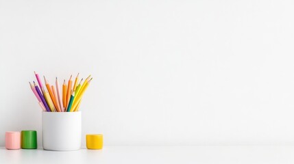 Obraz premium Colorful pencils arranged in a white cup on a minimalist white desk, with pastel-colored rolls of tape, and clean and simple composition.