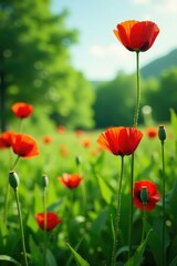 Obraz premium Fresh green foliage surrounding blooming poppy, summer, landscape, flower