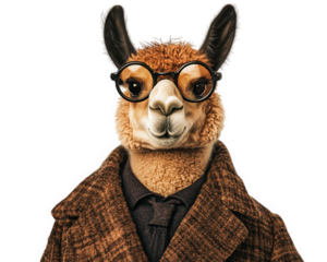 stylish alpaca dressed as detective, wearing glasses and brown coat, exudes sense of curiosity and intelligence. This whimsical character is perfect for imaginative storytelling
