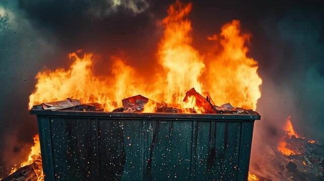 burning dumpster with flames and smoke rising, symbolizing environmental disaster, pollution, and danger. A striking image of urban decay and the severe consequences of waste mismanagement