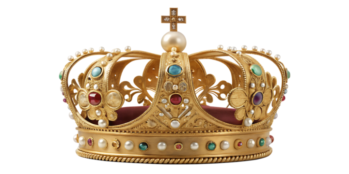 Royal Crown: A majestic gold crown with intricate details, adorned with gemstones and a pearl, exudes regality and historical significance, symbolizing power and prestige.