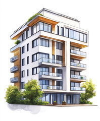Obraz premium Modern multi story apartment building with balconies and greenery