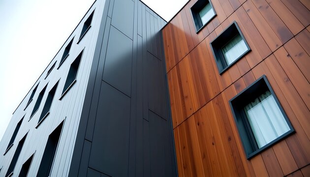 Modern building facade with contrasting wood and metal panels - contemporary architectural design