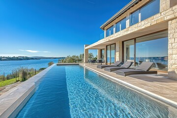 Fototapeta premium Infinity Pool Villa by Ocean with Loungers and Clear Blue Sky on Sunny Day