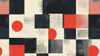 Bold geometric pattern featuring squares, circles, dots and textured elements