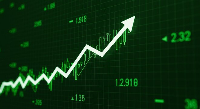 A digital illustration of a stock market growth or cryptocurrency growth. green-themed financial chart with candlestick patterns and line graph going up sharply. Red background grid, upward arrows