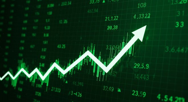 A digital illustration of a stock market growth or cryptocurrency growth. green-themed financial chart with candlestick patterns and line graph going up sharply. Red background grid, upward arrows