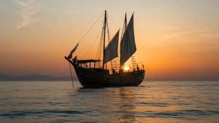 Obraz premium a cinematic shot of a pirate sloop sailing on the open sea in the Mediterranean