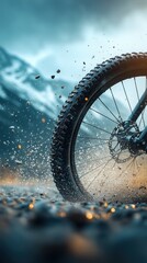 Mountain bike tire kicking up dirt and gravel on rugged terrain near majestic mountains at sunrise