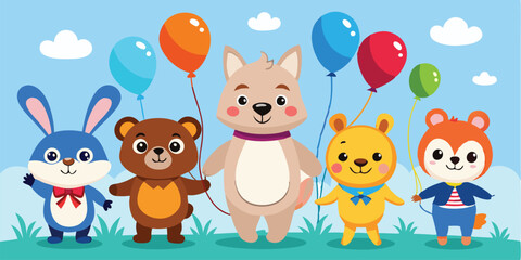 Naklejka premium Vector illustration of cheerful animals celebrating a birthday with balloons and a party atmosphere in a vibrant outdoor setting