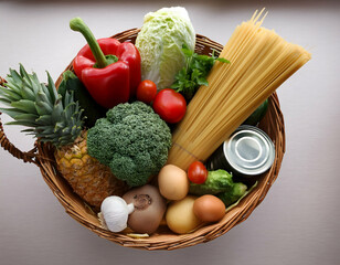 Wicker Basket Abundance: Fresh Produce, Pasta, and Pantry Staples, Ready for Cooking.