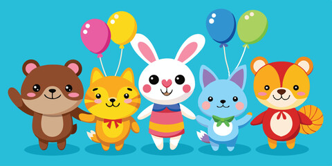 Obraz premium Vector illustration of cheerful animals celebrating a birthday with balloons and a party atmosphere in a vibrant outdoor setting