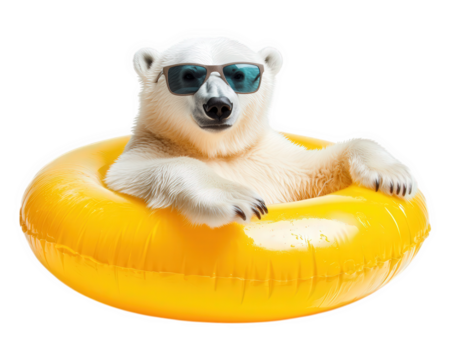 polar bear relaxing in bright yellow inflatable pool, wearing stylish sunglasses, exudes playful and carefree vibe. This charming scene captures essence of summer fun and leisure