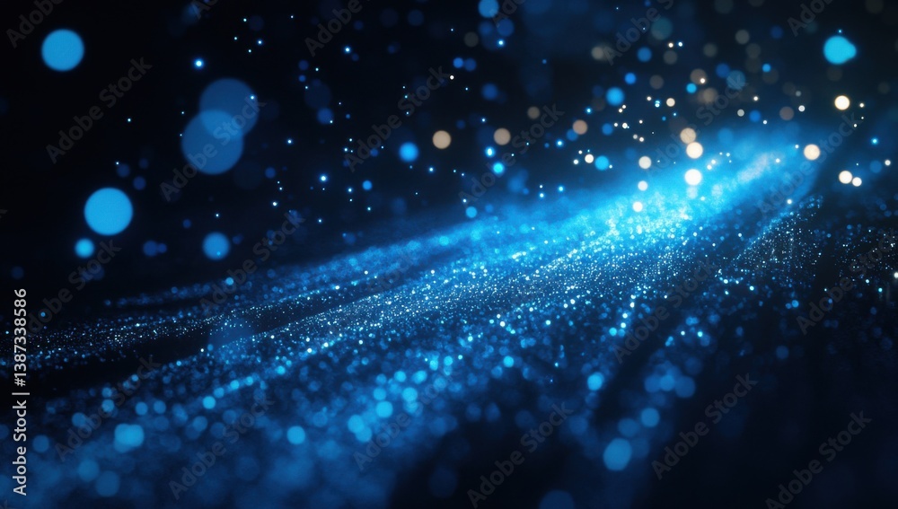 Poster abstract blue glowing particles background with bokeh lights and glitter, a technology concept.