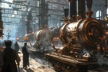 Vintage industrial revolution factory scene with steam engines.