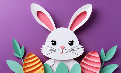 Fototapeta premium Creative paper art featuring a cute bunny and colorful eggs against a vibrant purple background