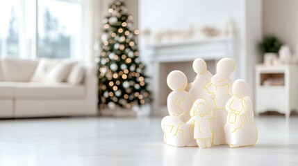 A cream-colored family figurine stands in focus, depicting parents and three children. Its situated in a brightly lit living room with a blurred background showing a sofa, Christmas tree, and firepla