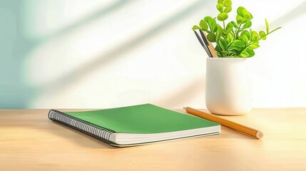 Clean and Minimalist Corporate Workspace with Green Notebook and Plant Decoration
