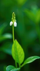 Obraz premium Green leaves and stem with a small white wildflower on the top, stem, garden