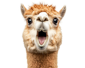 Obraz premium surprised alpaca with its mouth wide open, expressing shock and curiosity. Its fluffy fur and large, expressive eyes add to playful and humorous nature of image