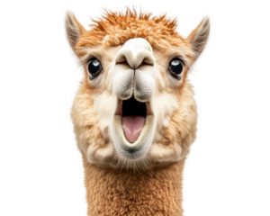 surprised alpaca with its mouth wide open, expressing shock and curiosity. Its fluffy fur and large, expressive eyes add to playful and humorous nature of image