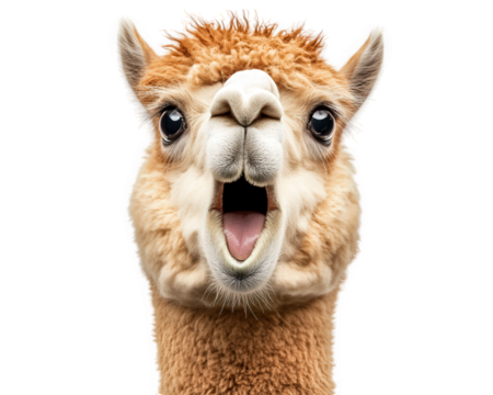surprised alpaca with its mouth wide open, expressing shock and curiosity. Its fluffy fur and large, expressive eyes add to playful and humorous nature of image