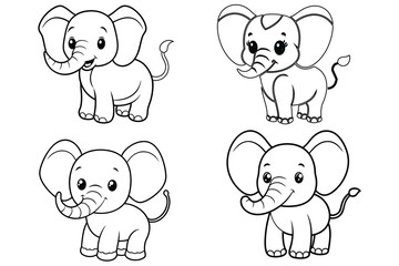 Cute Baby Elephant Cartoon Outline – Adorable Black and White Coloring Book Style Animal Icon