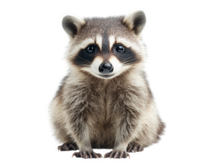 cute raccoon with fluffy coat and distinctive facial markings sits calmly, showcasing its playful yet curious nature. This charming animal embodies sense of mischief and wonder