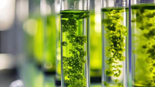 Algae in Laboratory Analysis: A detailed shot of test tubes containing vibrant green algae, symbolizing scientific exploration and breakthroughs, used in scientific research.