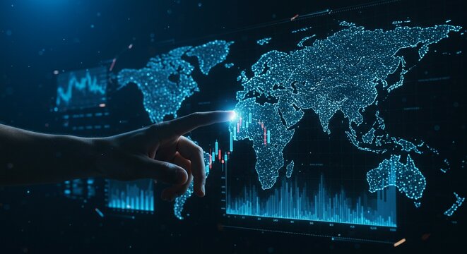 human hand touching glowing data point on stock market chart, transparent graphs, futuristic fintech interface, global data map in background, blue neon lights, cyber interface, high-resolution