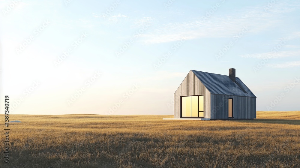 Poster A tiny house on a vast open plain, minimal lines and soft shadows