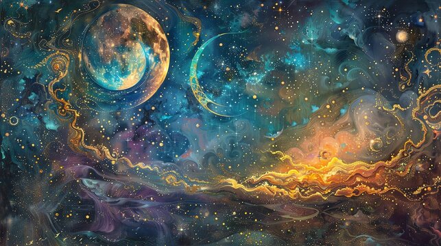 This is a beautiful space-themed painting. The painting features a large moon and a crescent moon. The moons are surrounded by stars and clouds.