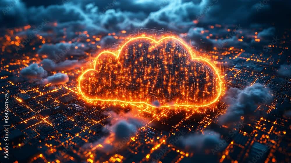 Poster Digital cloud computing visual with glowing network connections under a dark sky
