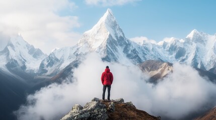 Mountain adventurer stands on rocky peak with breathtaking snow-covered mountains in the background at sunset