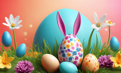 Colorful Easter egg display with flowers and bunny ears in a vibrant spring setting