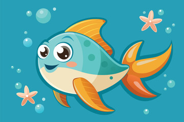Fototapeta premium Bright and colorful fish swimming through a vibrant underwater scene filled with bubbles and starfish in a sunny ocean environment