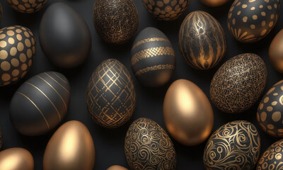 Unique decorative eggs arranged artistically in golden and black patterns for a festive celebration