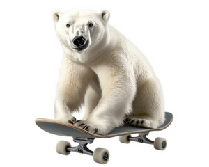 Fototapeta premium playful polar bear confidently rides skateboard, showcasing its unique skills and charm. bear fluffy white fur contrasts with skateboard, creating fun and whimsical scene