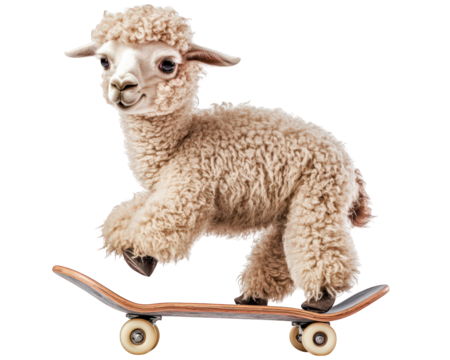 tiny alpaca riding skateboard, looking rebellious and playful, showcases unique blend of cuteness and adventure. This whimsical scene captures spirit of fun and creativity
